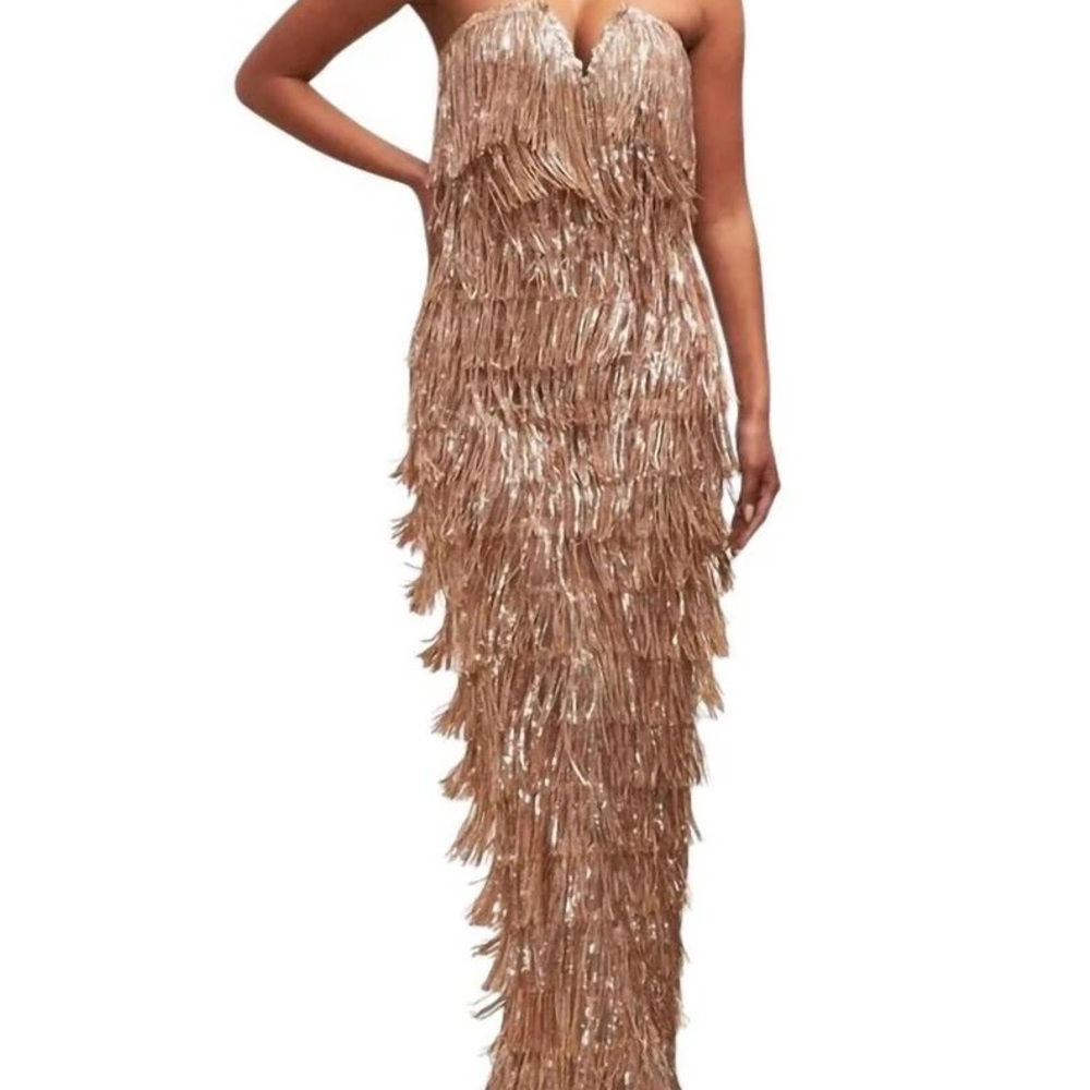 Elegant Rose Gold/Champagne Fringe Evening Gown